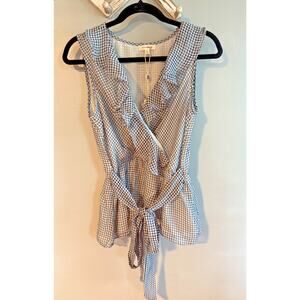 NWT Max Studio Gingham Ruffle Faux Wrap Work Blouse Size S Navy White Top Shirt